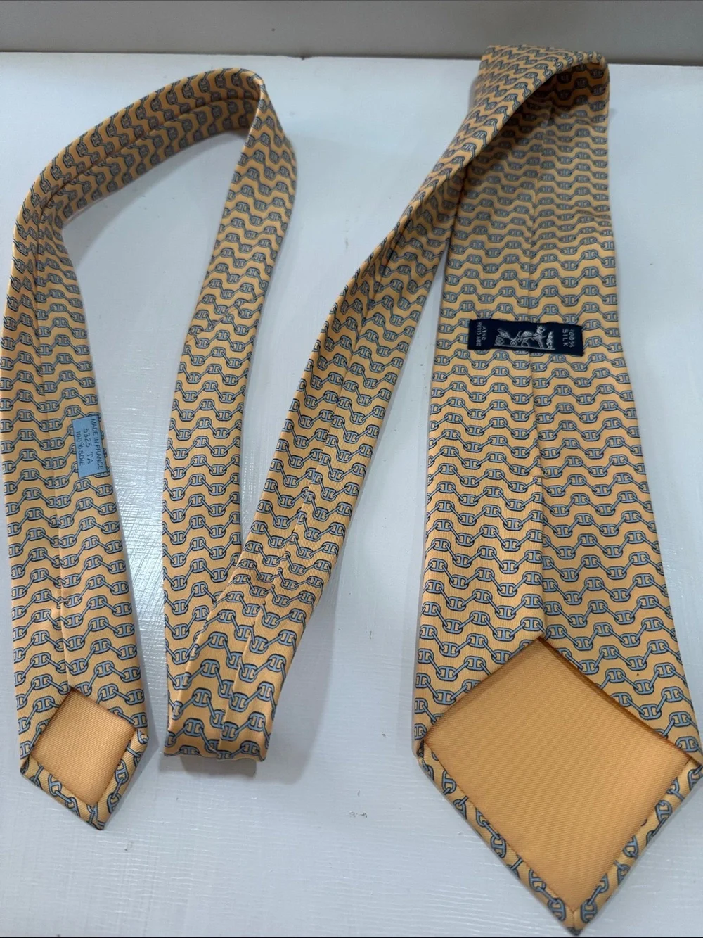 Hermes Paris Silk Neck Tie with Logo Yellow & Blue Chains made in France